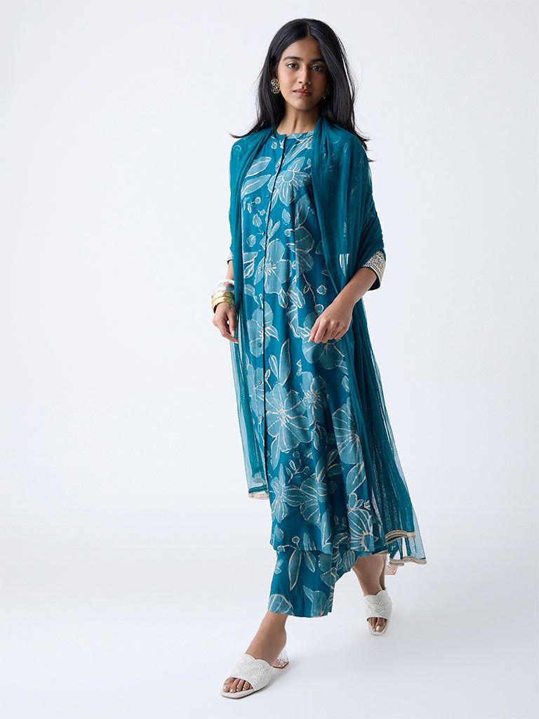 Westside Vark Women's Teal Floral Pattern A-Line Ethnic Set for Festival Wear Full View