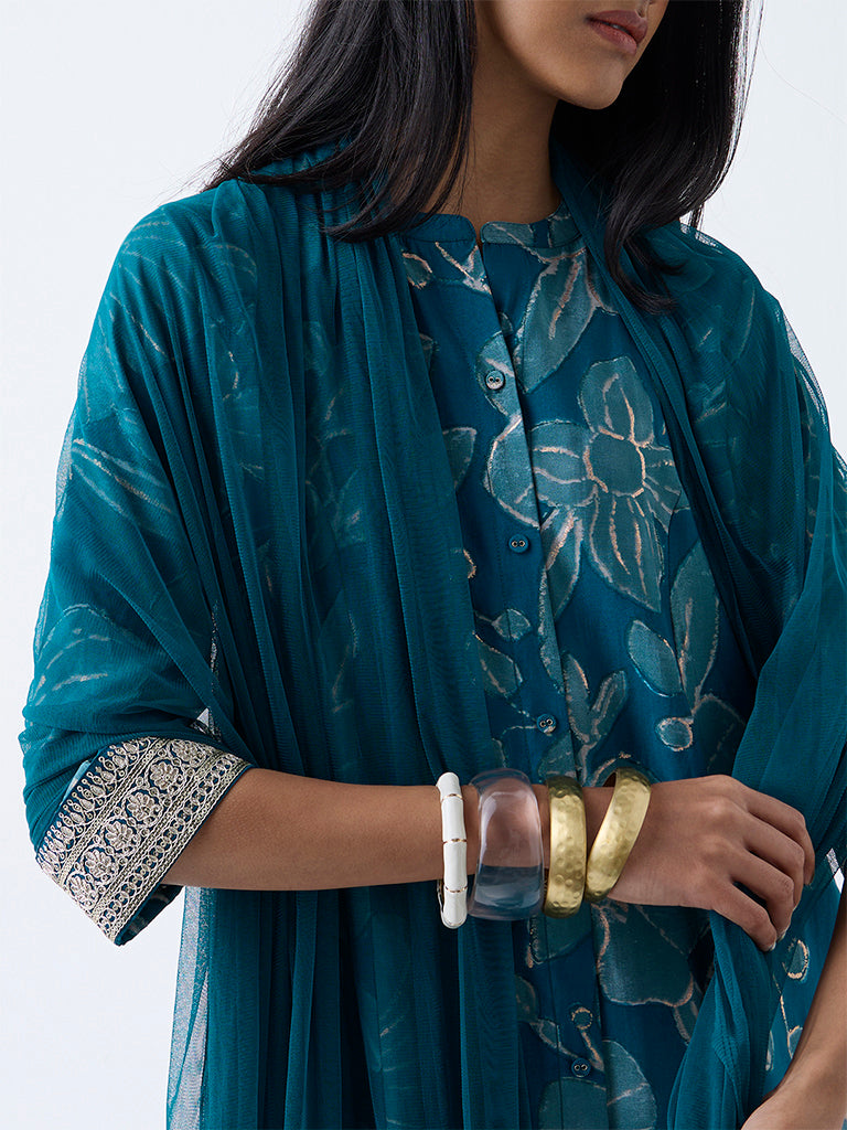 Westside Vark Women's Teal Floral Pattern A-Line Ethnic Set for Festival Wear Zoomed View
