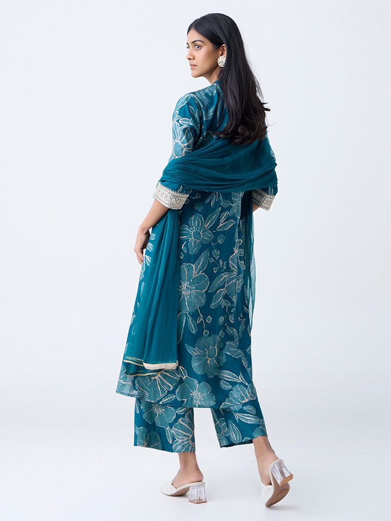 Westside Vark Women's Teal Floral Pattern A-Line Ethnic Set for Festival Wear Back View