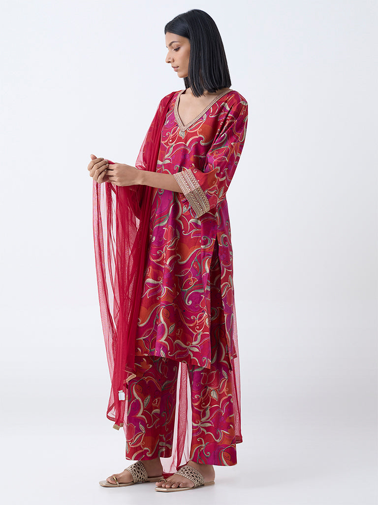 Westside Vark Women's Magenta Botanical Design A-Line Ethnic Set for Festival Wear Full View