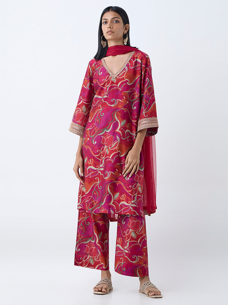 Westside Vark Women's Magenta Botanical Design A-Line Ethnic Set for Festival Wear Front view