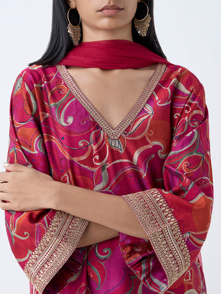Westside Vark Women's Magenta Botanical Design A-Line Ethnic Set for Festival Wear Zoomed View