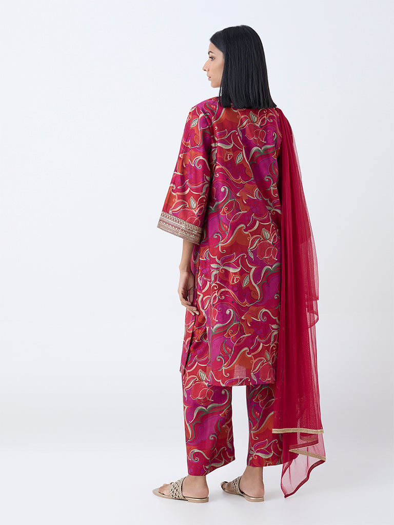 Westside Vark Women's Magenta Botanical Design A-Line Ethnic Set for Festival Wear Back View