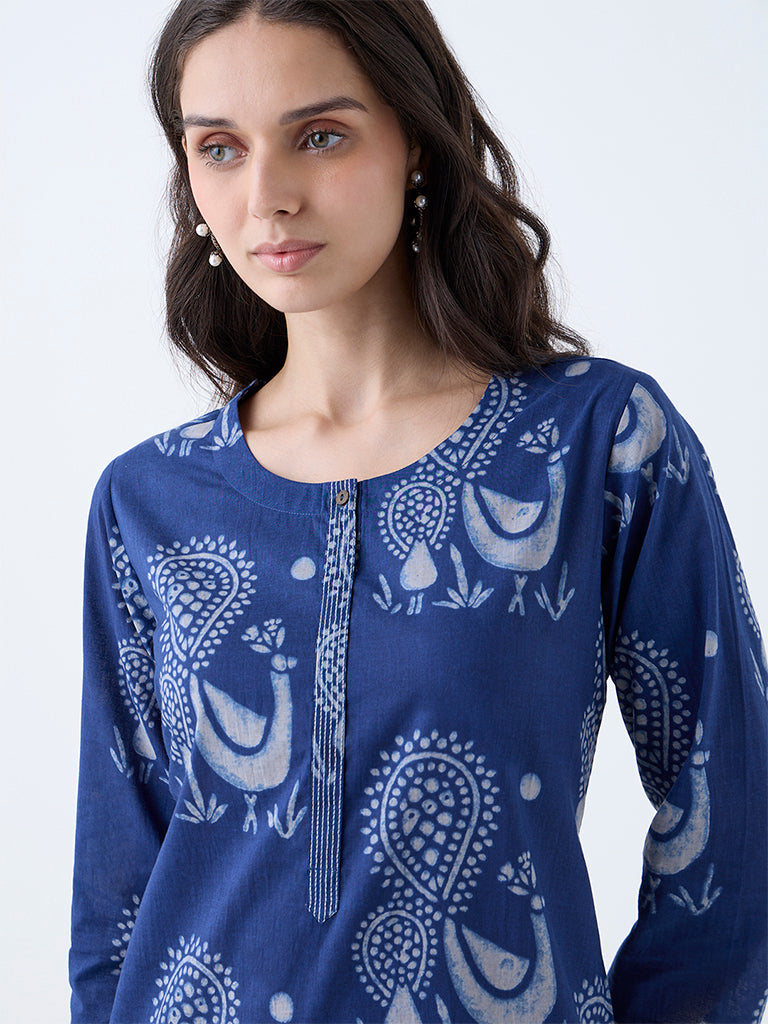 Utsa Indigo Peacock Design Cotton Straight Kurta