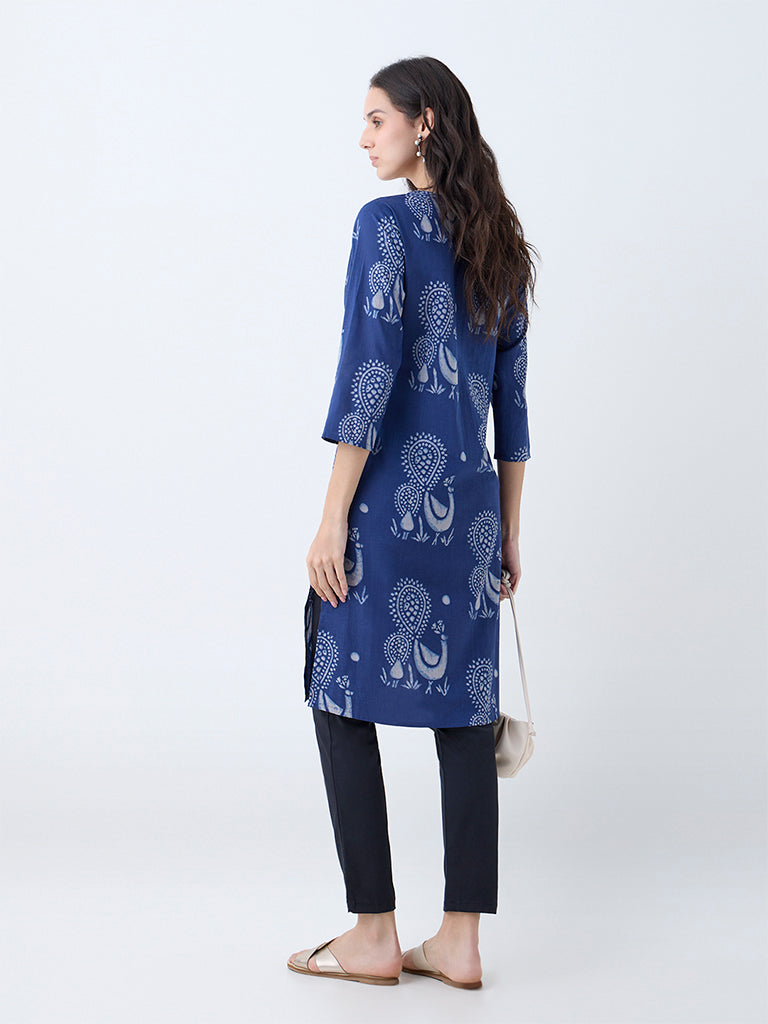 Utsa Indigo Peacock Design Cotton Straight Kurta