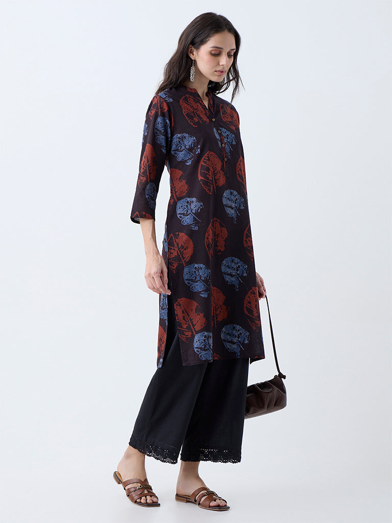 Utsa Dark Brown Leaf Pattern Cotton Straight Kurta