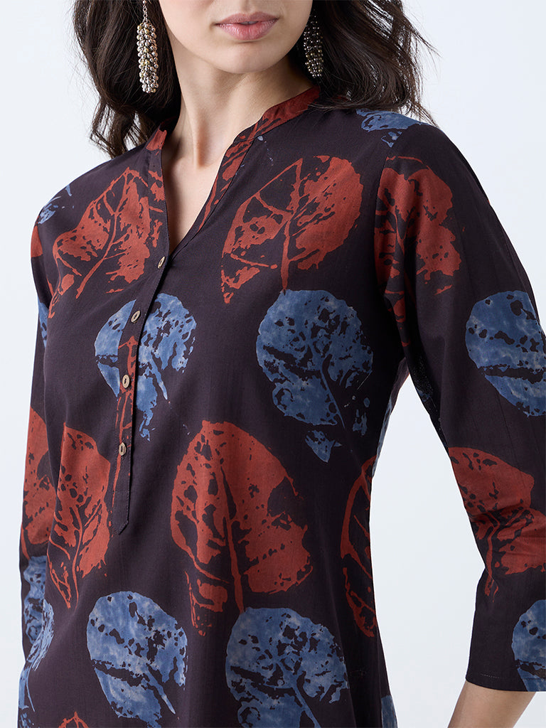 Utsa Dark Brown Leaf Pattern Cotton Straight Kurta