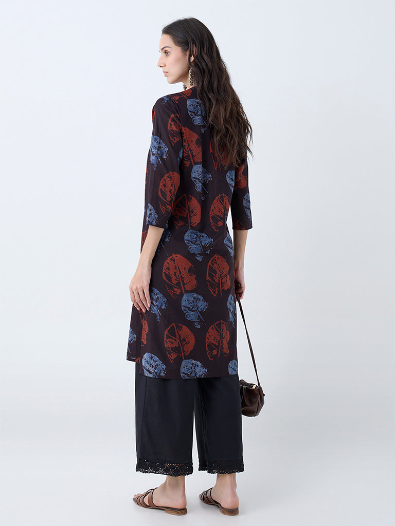 Utsa Dark Brown Leaf Pattern Cotton Straight Kurta
