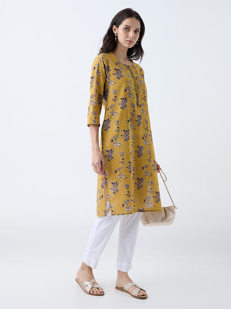 Utsa Mustard Floral Design Cotton Straight Kurta