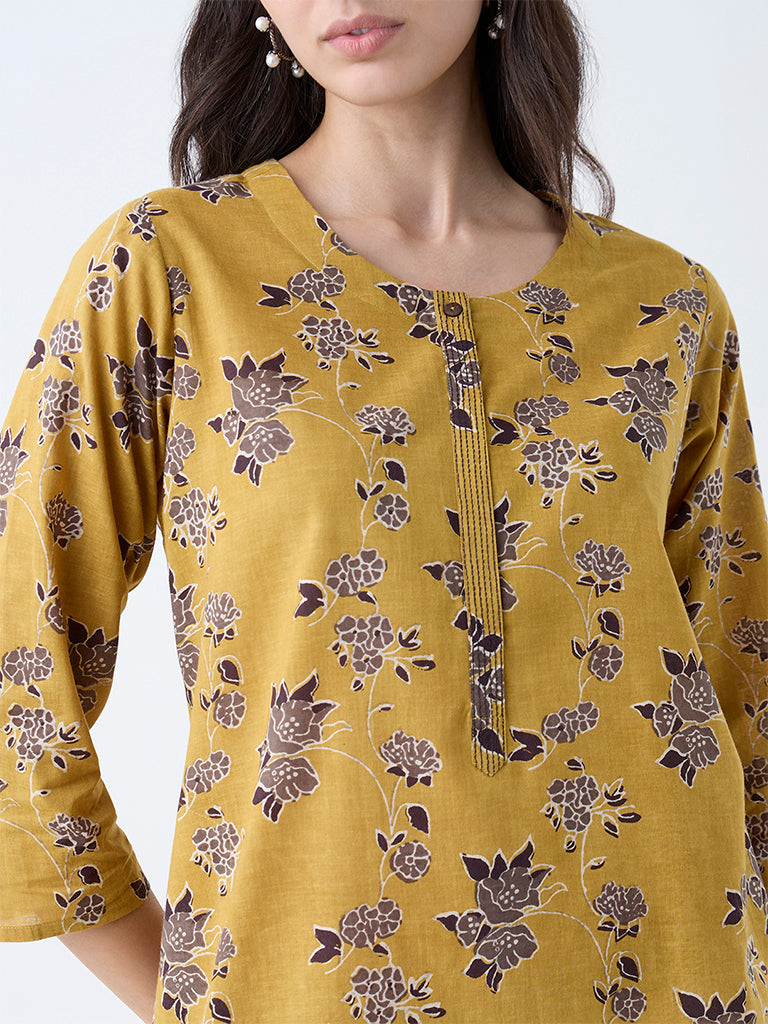 Utsa Mustard Floral Design Cotton Straight Kurta