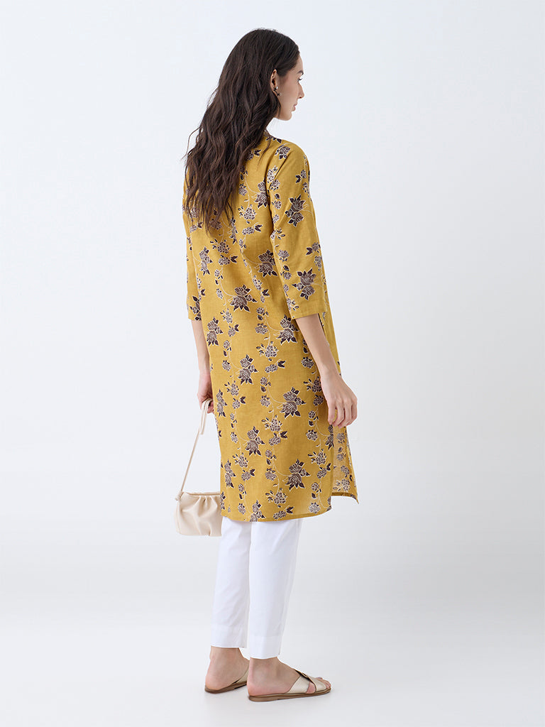 Utsa Mustard Floral Design Cotton Straight Kurta