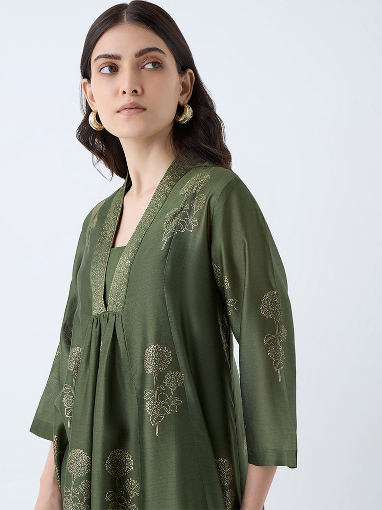 Zuba Olive Floral Cotton-Blned Anarkali Kurta with Inner