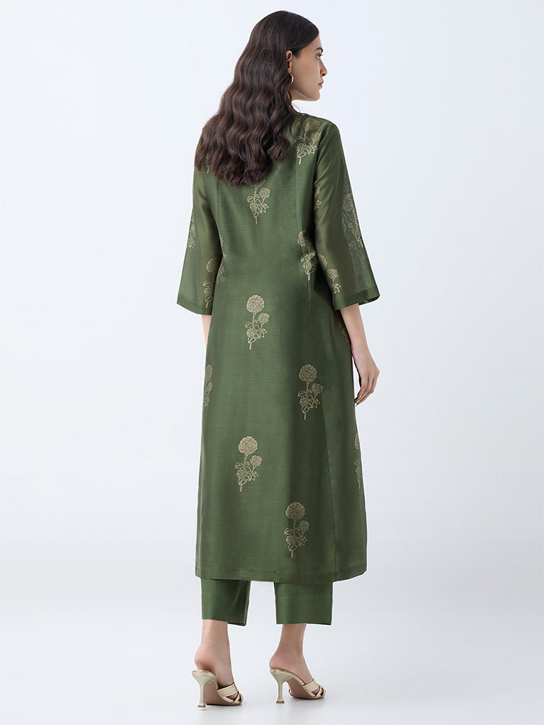 Zuba Olive Floral Cotton-Blned Anarkali Kurta with Inner