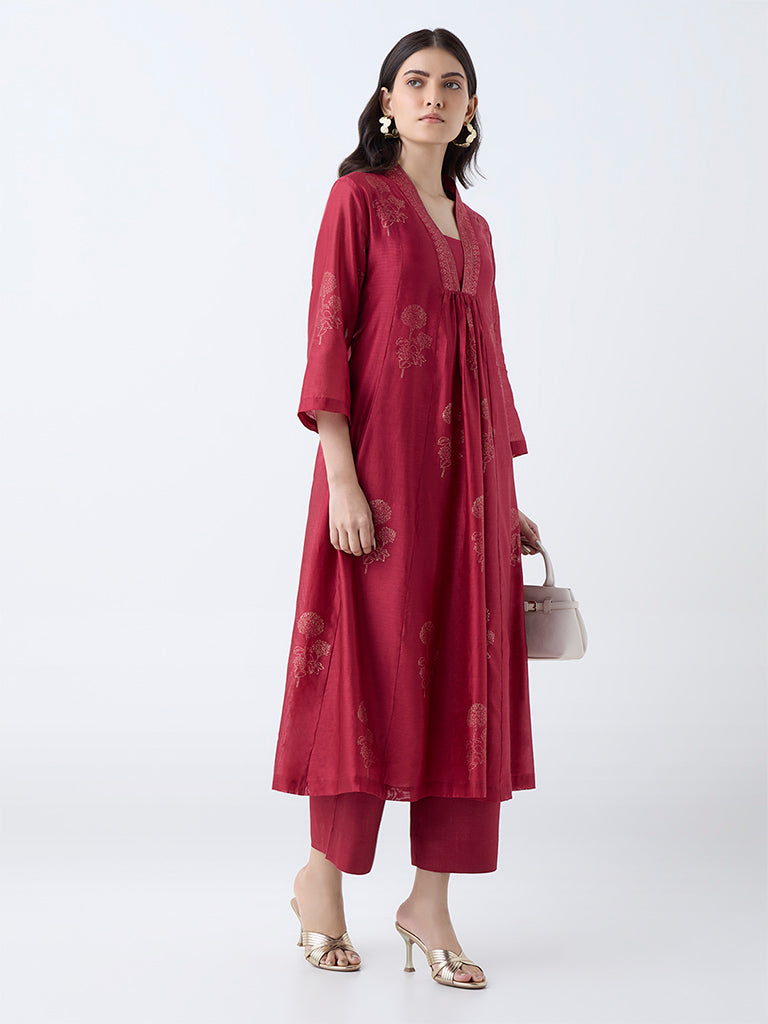 Zuba Red Floral Cotton-Blend Anarkali Kurta with Inner