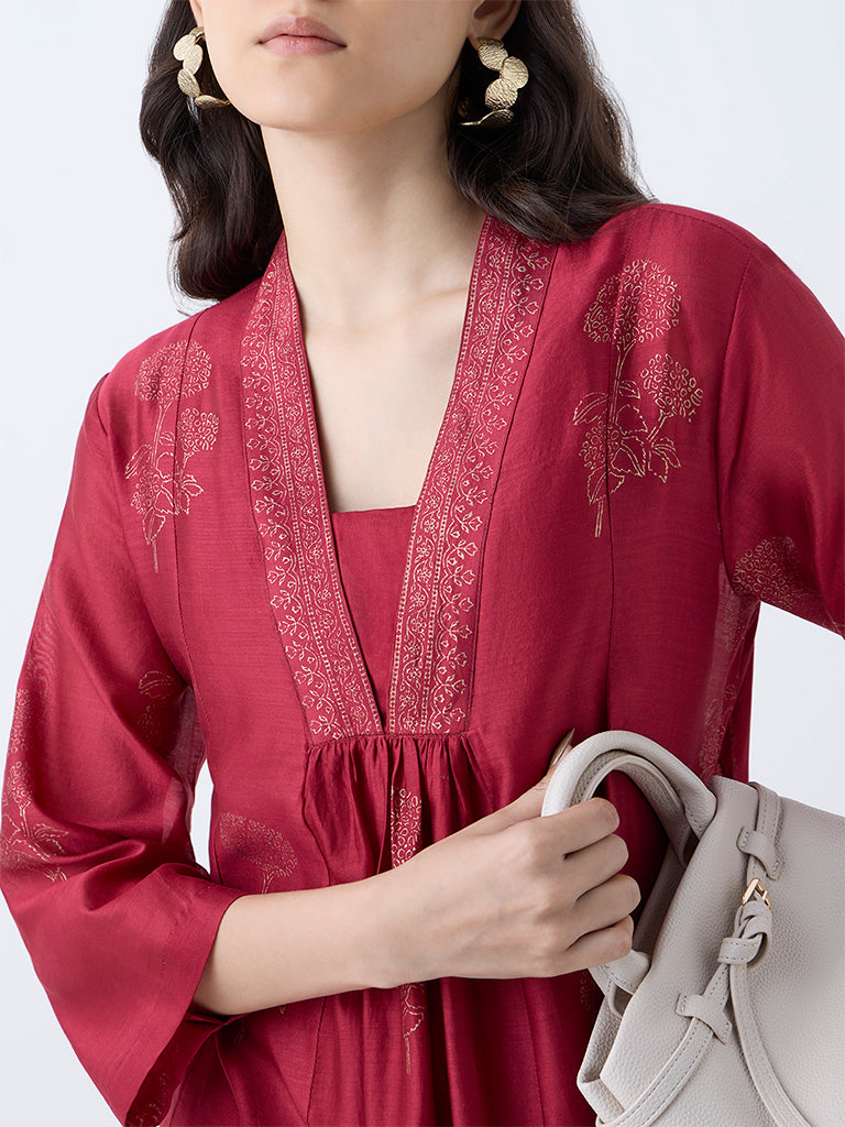 Zuba Red Floral Cotton-Blend Anarkali Kurta with Inner