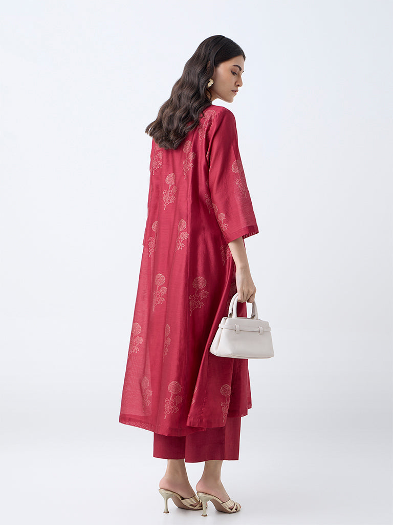Zuba Red Floral Cotton-Blend Anarkali Kurta with Inner