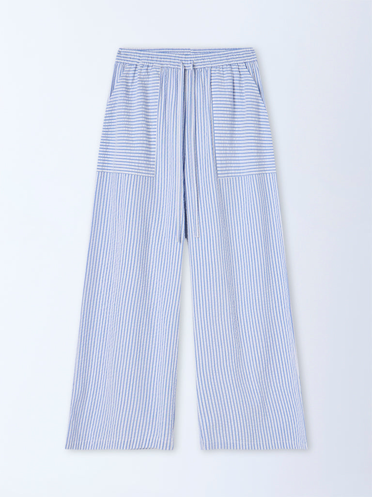 Wunderlove Blue Striped High-Rise Cotton-Blend Pants