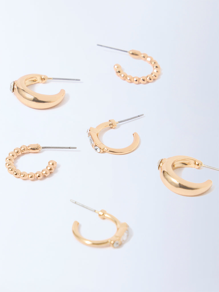 Westside Accessories Gold Studded and Textured Hoop Earrings Set - Pack of 3