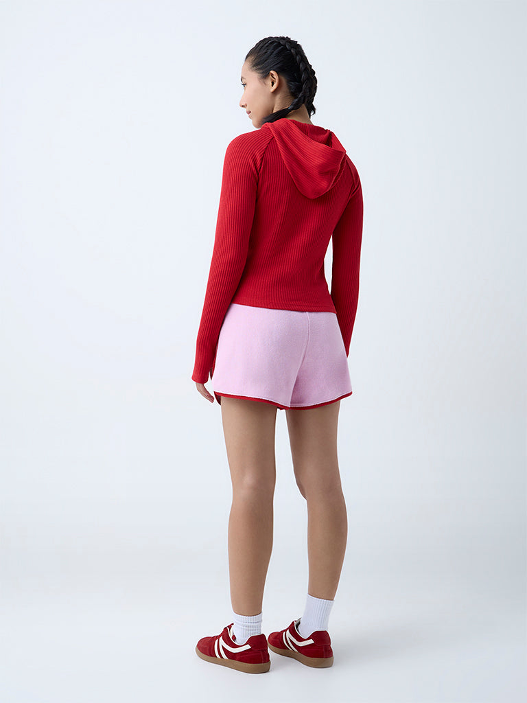 Studiofit Pink Self-Textured High-Rise Cotton-Blend Shorts
