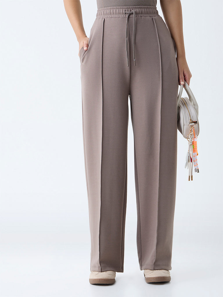 Studiofit Brown Solid High-Rise Track Pants