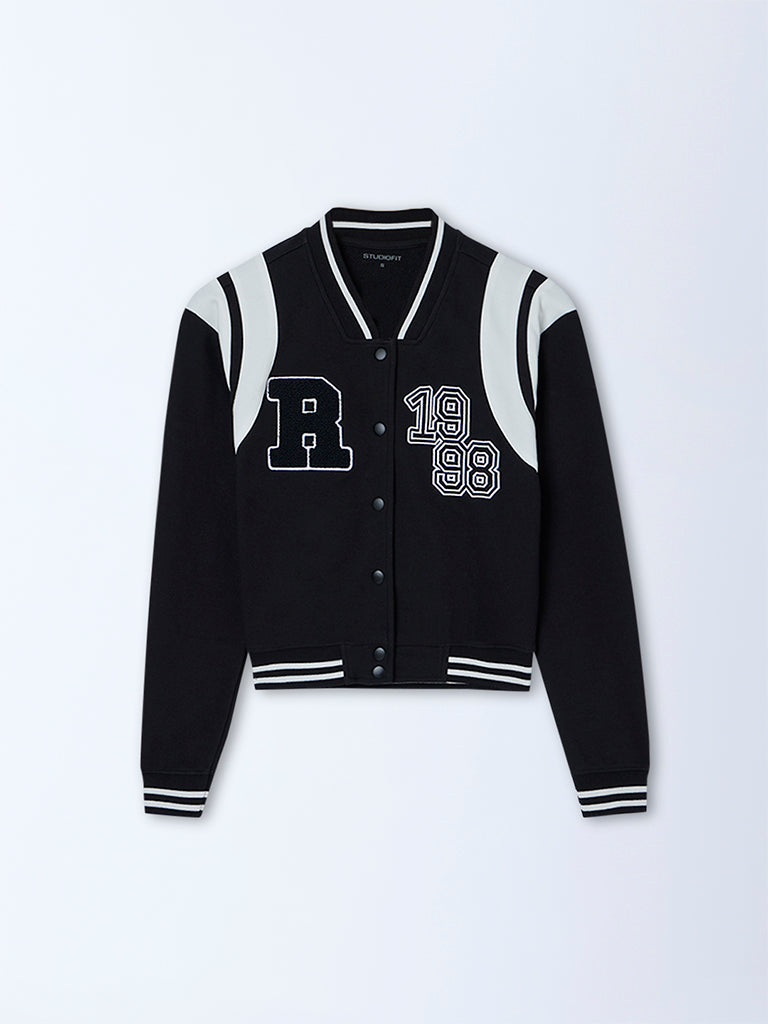 Westside Studiofit Women's Black Embroidered Cotton-Blend Varsity Jacket for Casual Wear Flatly