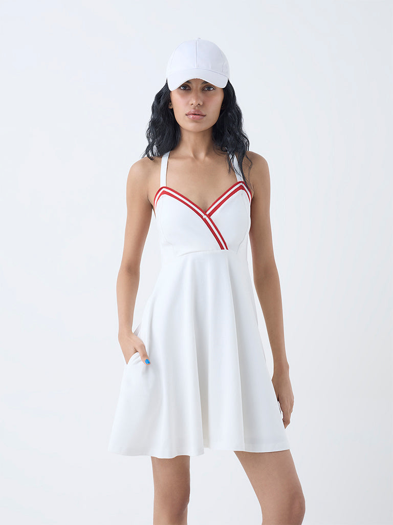Westside Studiofit Women's White Cotton Skater Dress for Sports Wear Front view