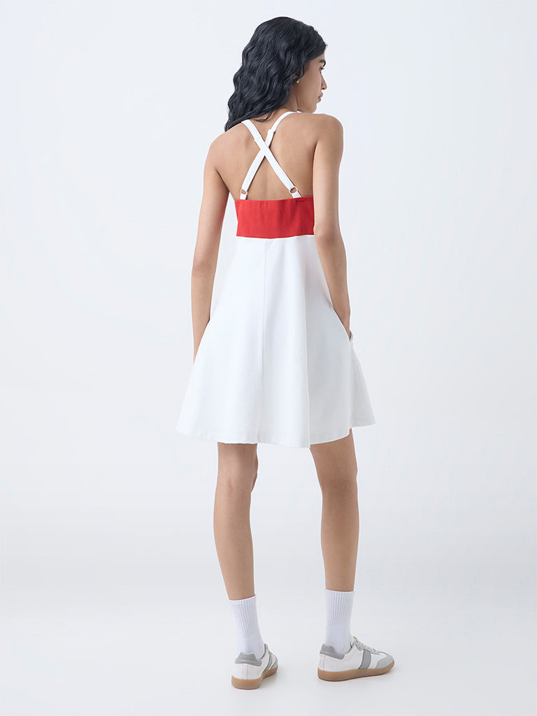 Westside Studiofit Women's White Cotton Skater Dress for Sports Wear Back View