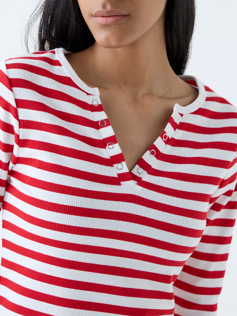 Studiofit Red Striped Cotton-Blend T-Shirt