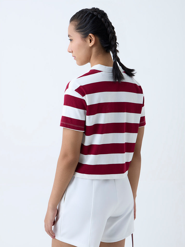 Westside Studiofit Women's Maroon Striped Cotton-Blend Polo T-Shirt for Sports Wear Back View