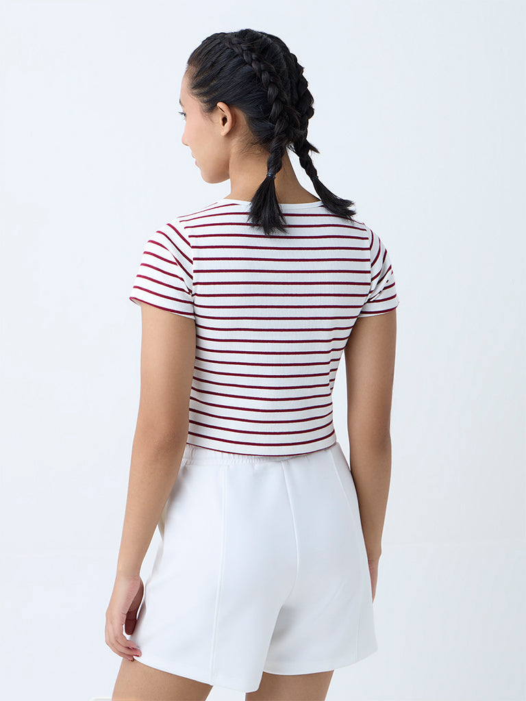 Westside Studiofit Women's Maroon Stripe Cotton-Blend T-Shirt for Sports Wear Back View