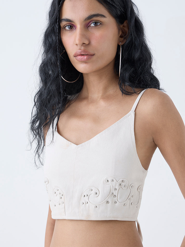 Westside Nuon Women's Off-White Stud-Detailed Denim Top for Casual Wear Zoomed View
