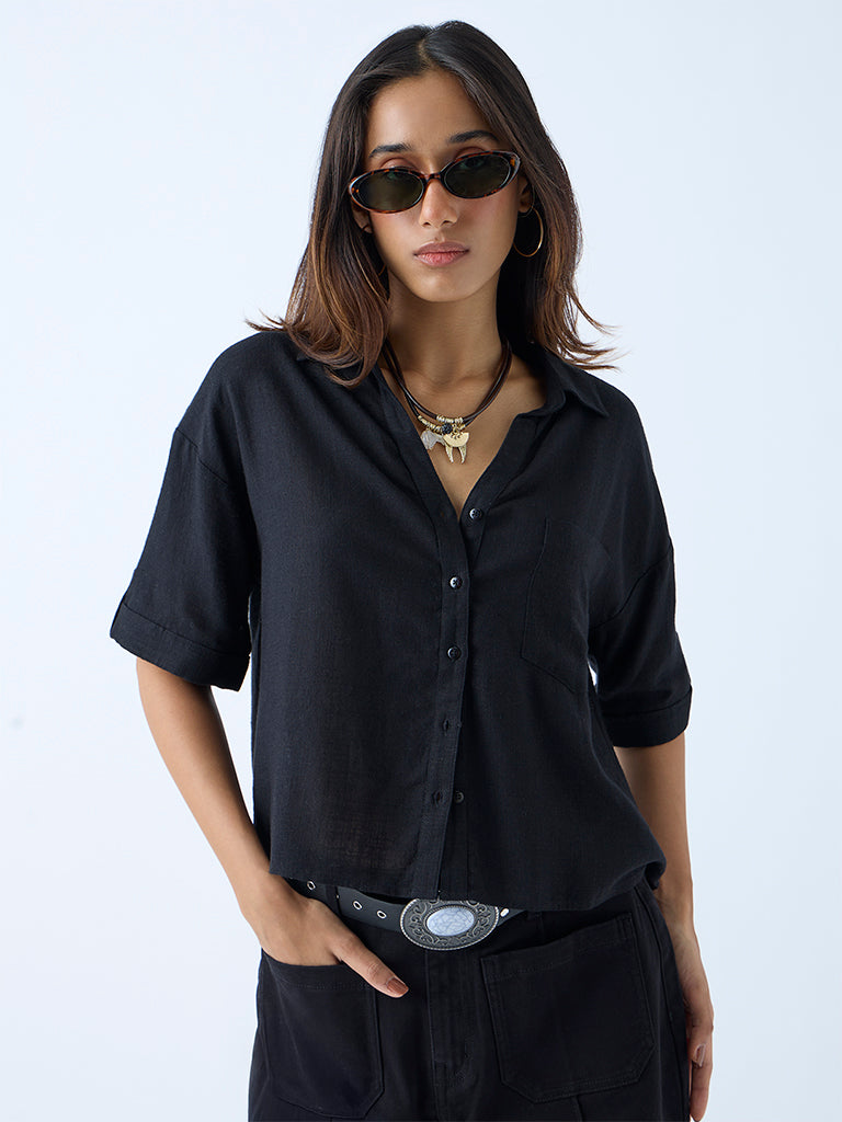 Westside LOV Women's Black Solid Linen Shirt for Casual Wear Front View