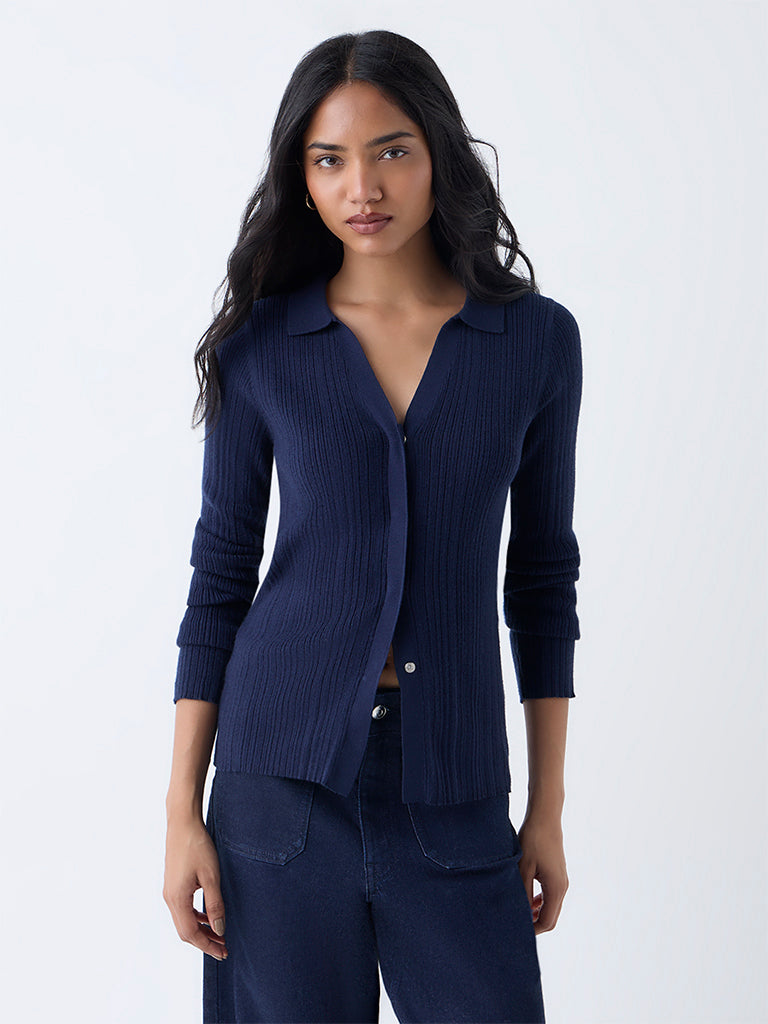 Buy LOV Navy Ribbed-Textured Cardigan from Westside