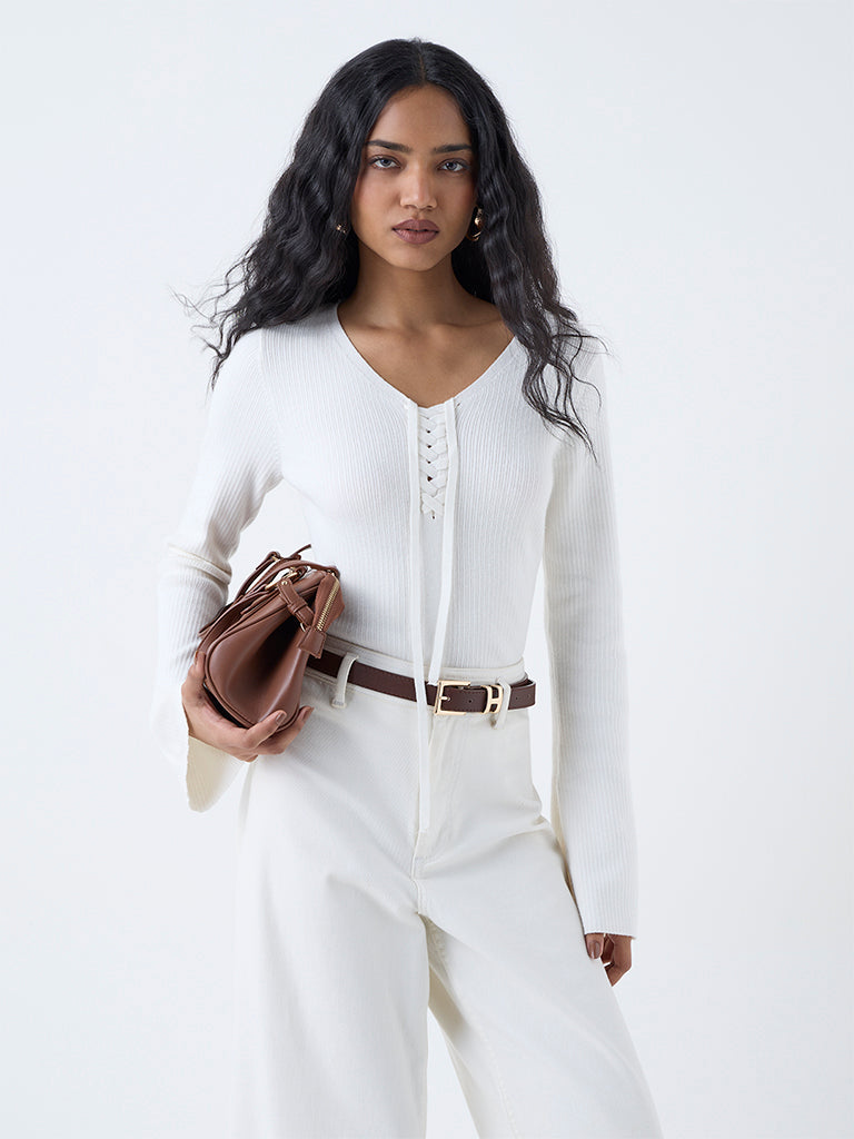 LOV White Ribbed Criss-Cross Top