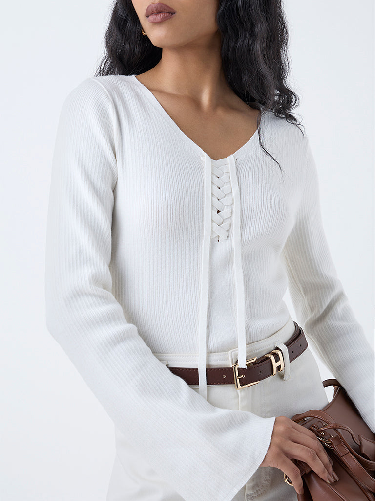 LOV White Ribbed Criss-Cross Top