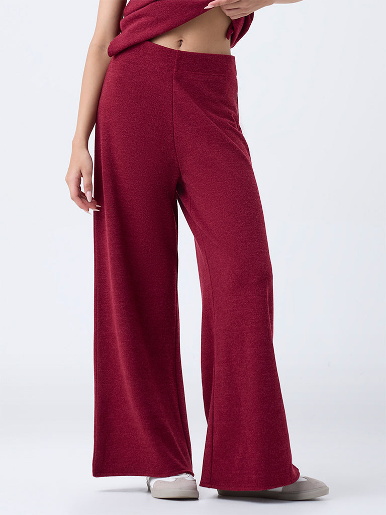 LOV Burgundy Wide-Leg High-Rise Trousers
