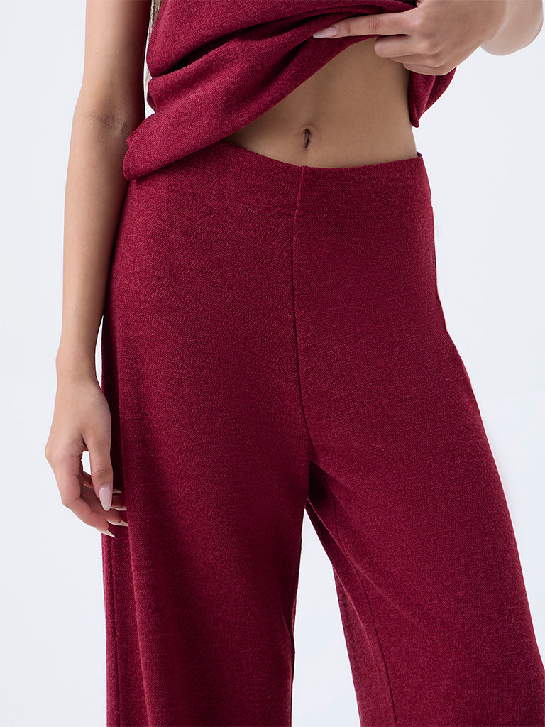 LOV Burgundy Wide-Leg High-Rise Trousers