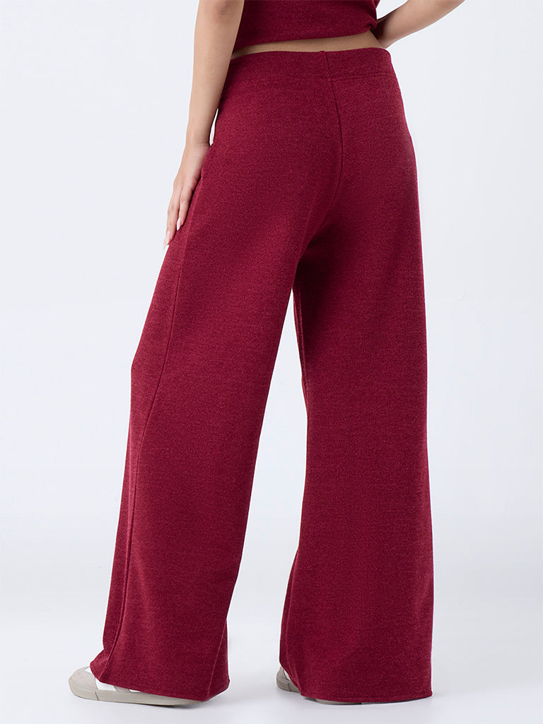 LOV Burgundy Wide-Leg High-Rise Trousers