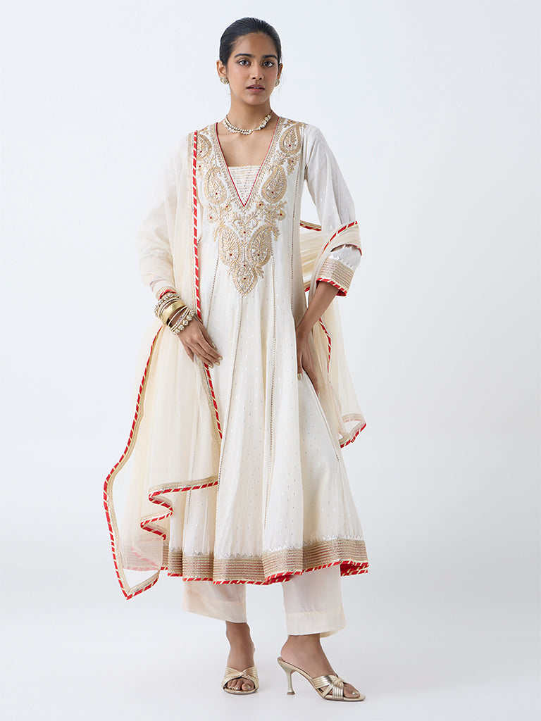 Westside Vark Women's Off-White Cotton-Blend Anarkali Ethnic Set for Festival Wear Front view