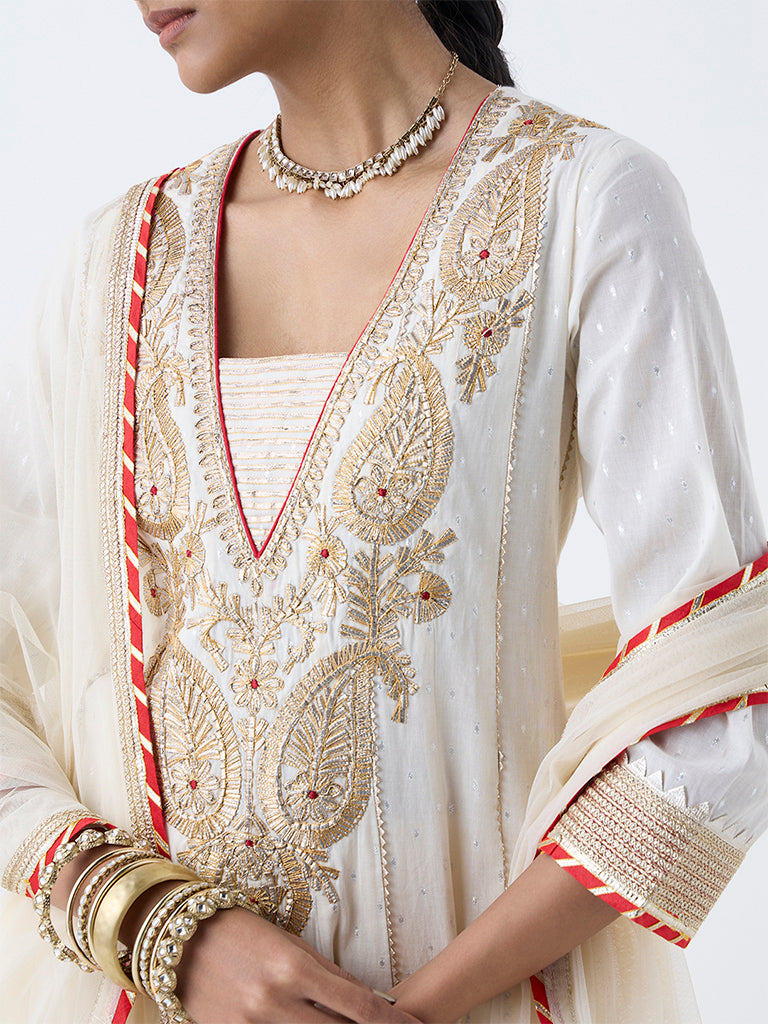 Westside Vark Women's Off-White Cotton-Blend Anarkali Ethnic Set for Festival Wear Zoomed View