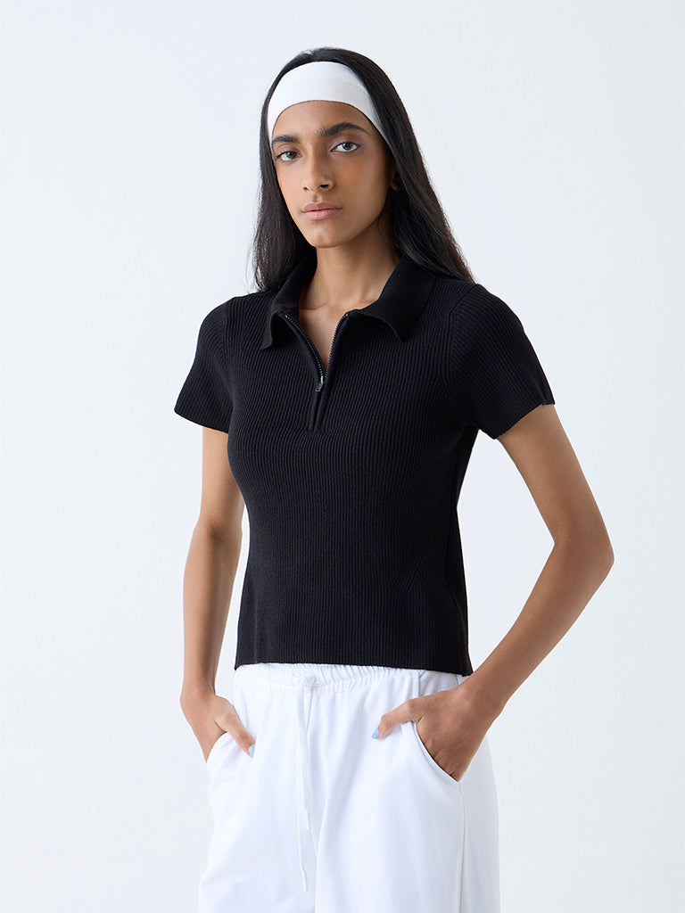 Studiofit Black Ribbed-Textured Quarter-Zip Polo T-Shirt