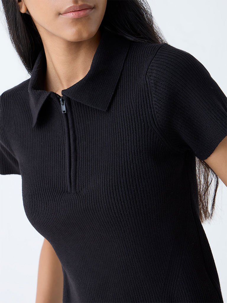 Studiofit Black Ribbed-Textured Quarter-Zip Polo T-Shirt