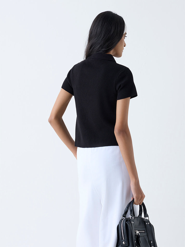 Studiofit Black Ribbed-Textured Quarter-Zip Polo T-Shirt