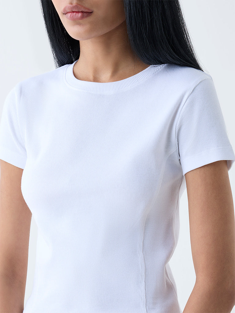 Studiofit White Ribbed-Textured Cotton-Blend T-Shirt