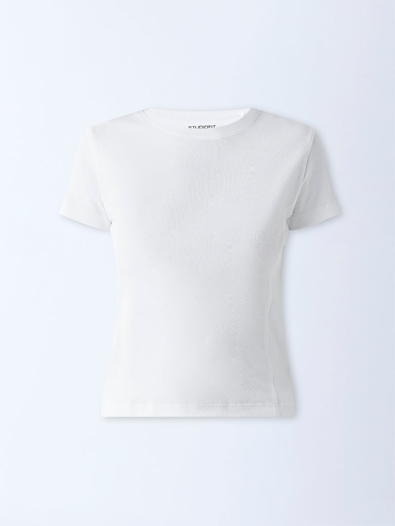 Studiofit White Ribbed-Textured Cotton-Blend T-Shirt