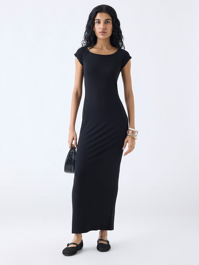 Nuon Black Ribbed-Textured Bodycon Dress