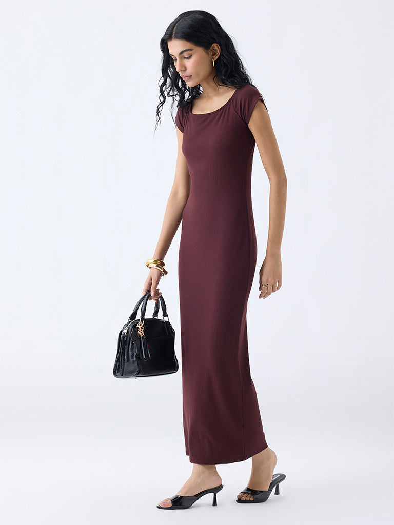 Nuon Brown Ribbed-Textured Bodycon Dress