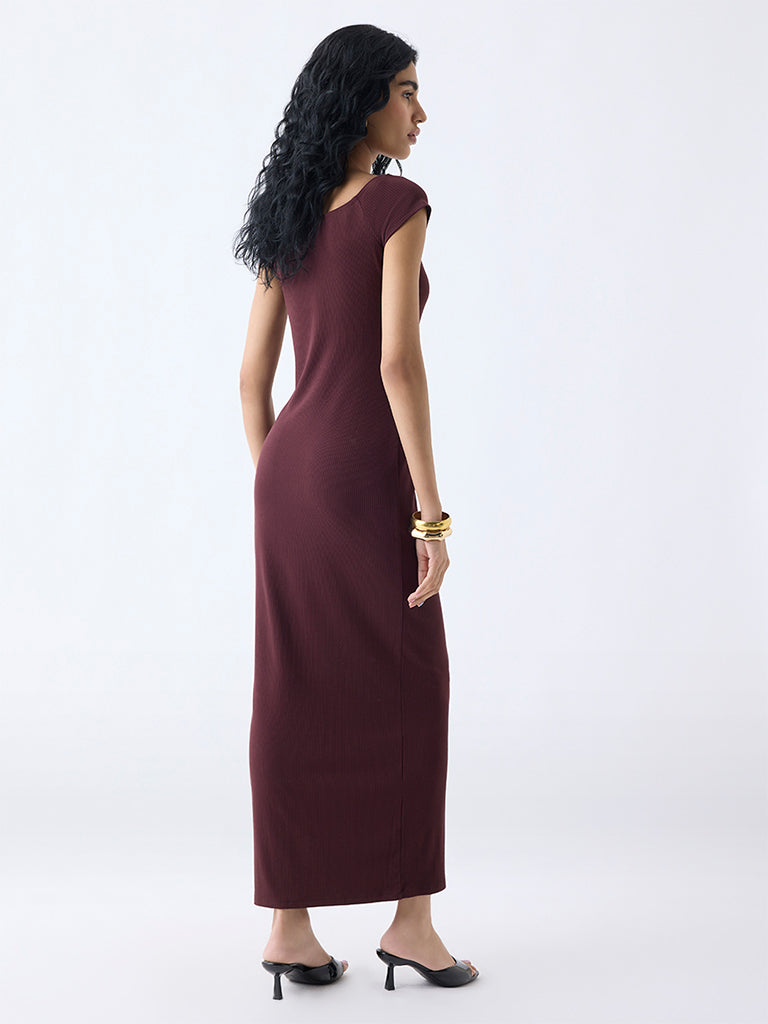 Nuon Brown Ribbed-Textured Bodycon Dress