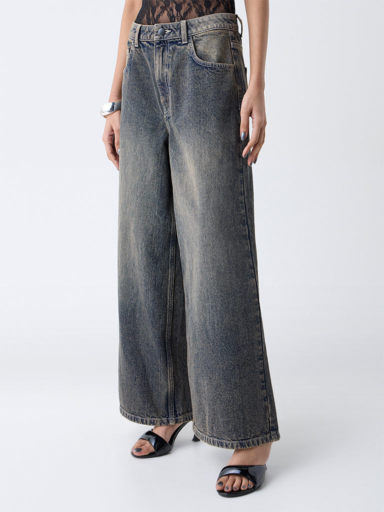 Nuon Dark Blue Faded Wide-Leg High-Rise Jeans