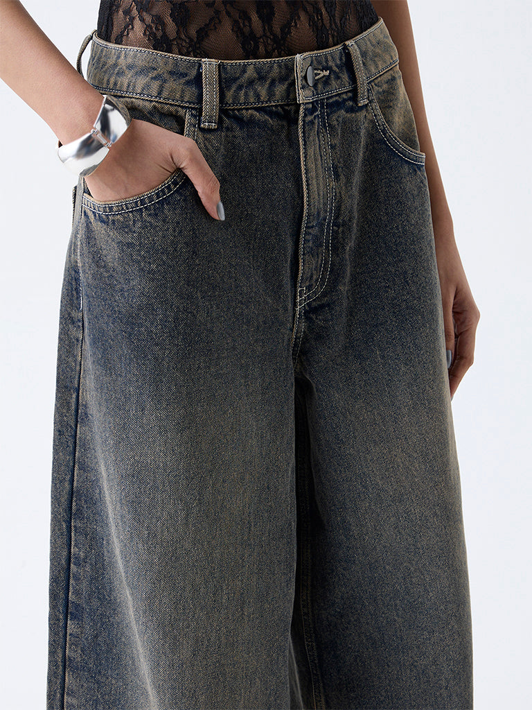 Nuon Dark Blue Faded Wide-Leg High-Rise Jeans